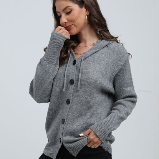 EB | Strickjacke mit Kapuze Strickstoff Lässige Passform Knopfverschluss