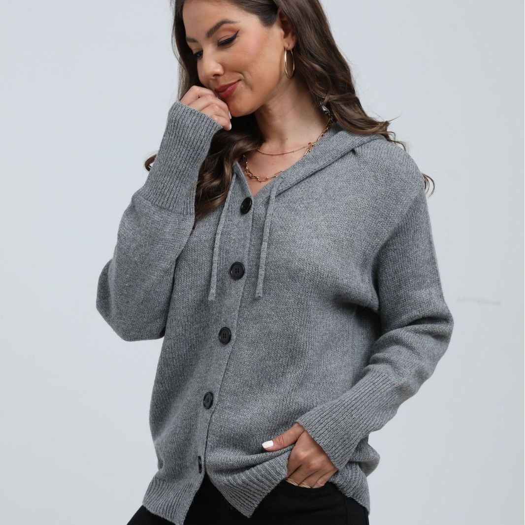 Damen modischer Strickmantel mit Kapuze und dekorativen Knopfdetails EB