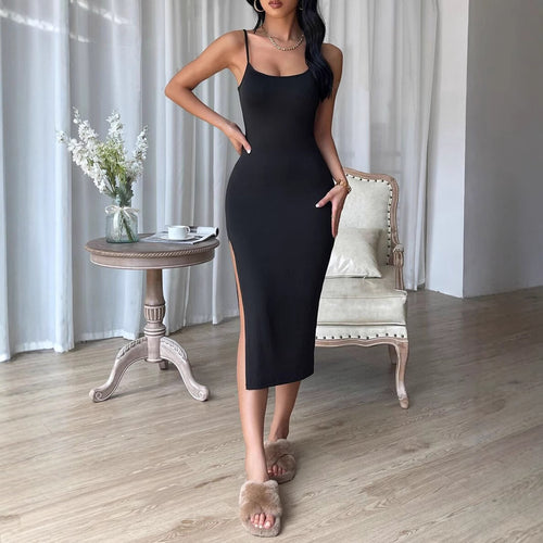 Damen figurbetontes Maxi-Kleid mit schmalen Spaghettiträgern und seitlichem Schlitz EB