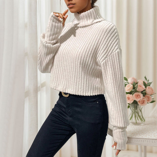 Damen geripptes Cropped‑Rollkragenpullover mit überschnittenen Schultern und voluminösen Ärmeln Eichborn Berlin