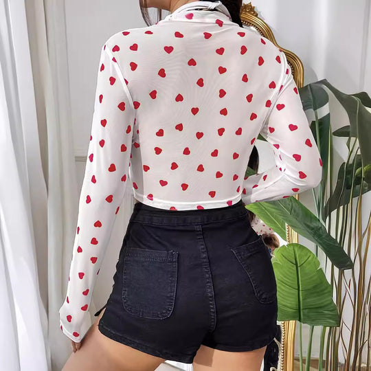 Damen Langarm-Crop-Top mit herzförmigem Design und transparentem Stoff EB