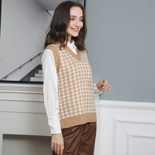 Damen ärmellose Strickweste mit modernem Hahnentrittmuster EB
