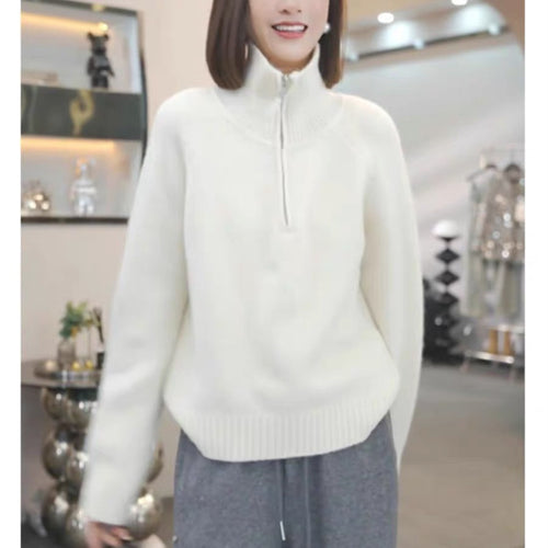 Damen Strickpullover mit hohem Kragen und praktischem Reißverschluss EB
