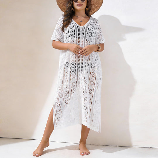 Damen Häkelstrandkleid mit V-Ausschnitt und seitlichem Schlitz EB