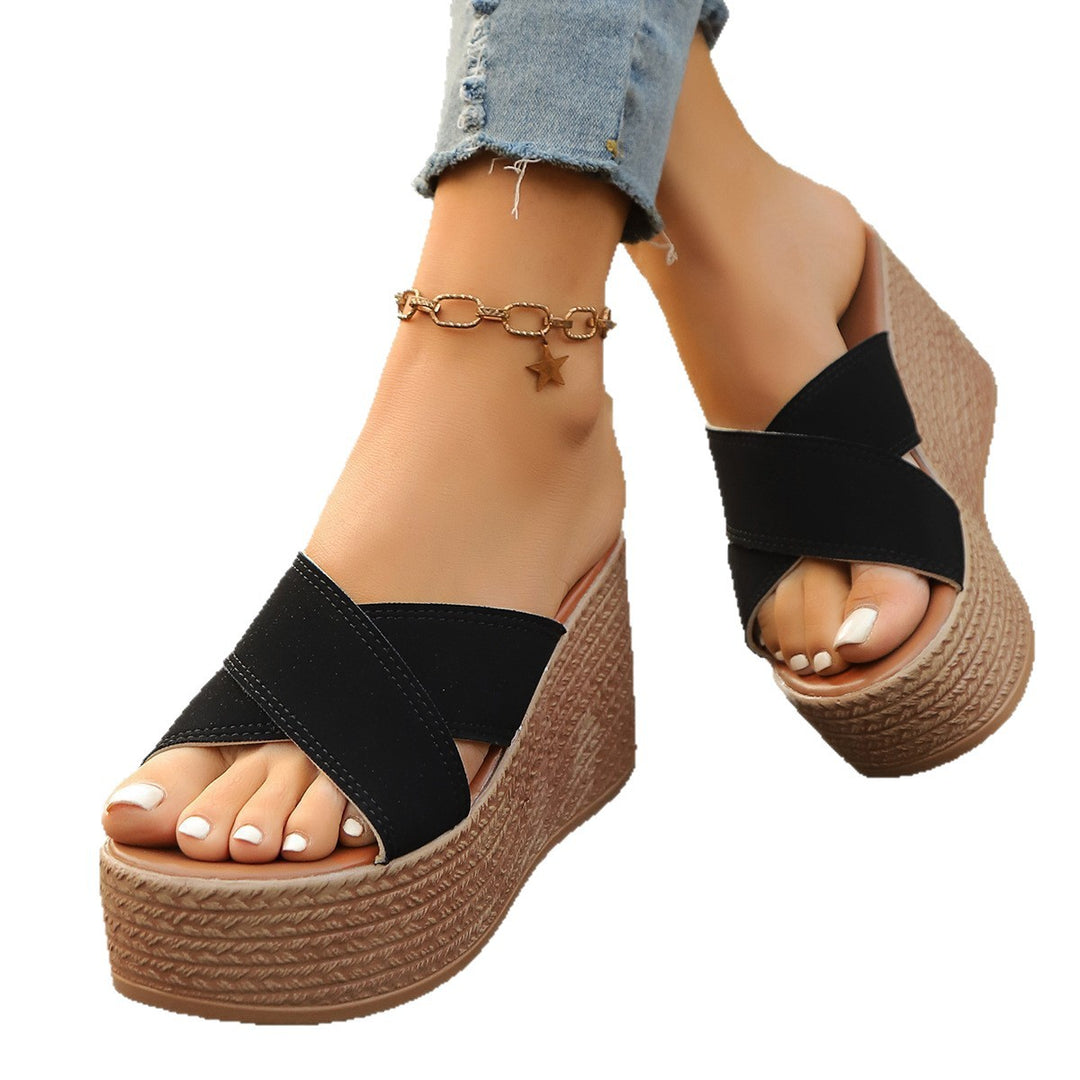 Damen Wedge-Sandalen mit geflochtenem Absatz und überkreuzten Riemen EB