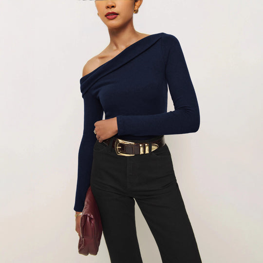 Damen Elegantes Langarmoberteil mit schrägem Ausschnitt und figurbetontem Schnitt EB