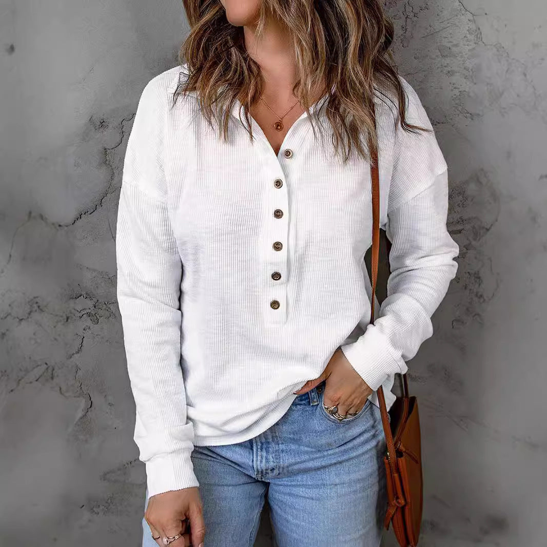 Damen Langarm-Bluse mit knöpfbarem Kragen und strukturiertem Stoff EB