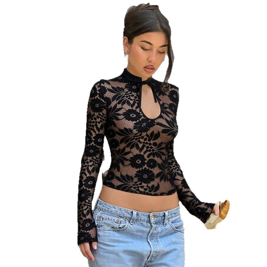 Damen Elegantes Spitzenoberteil mit hochgeschlossenem Design und floralem Muster EB