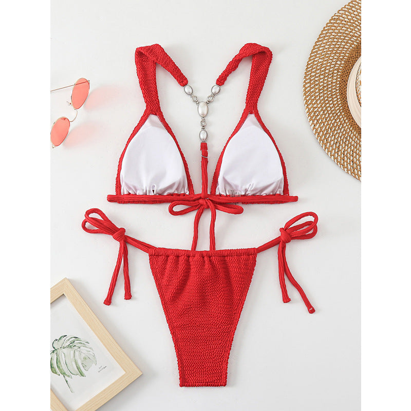 Damen Triangelbikini mit raffinierten Knoten und hochwertigem Häkel-Design EB