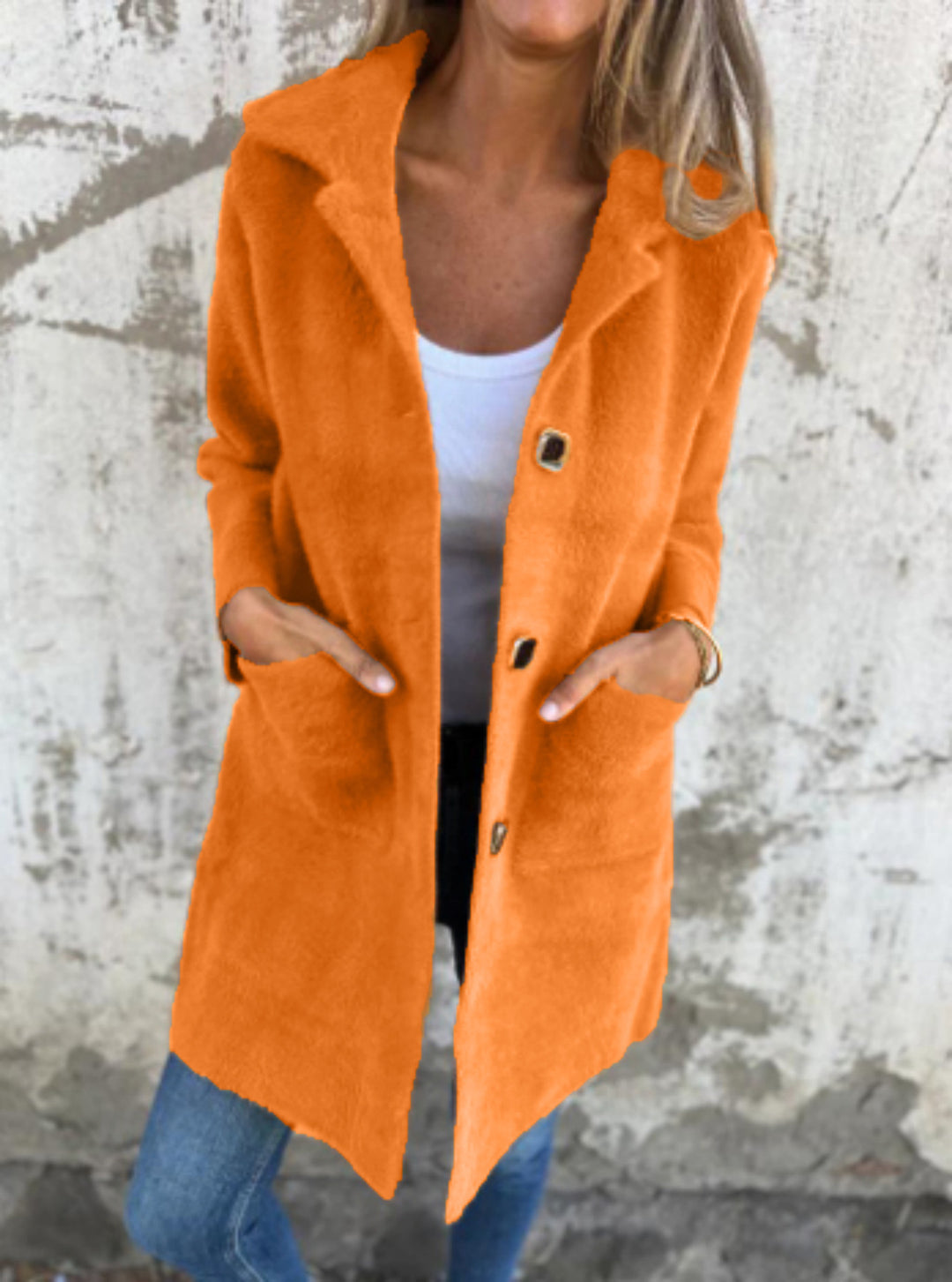 Damen Teddy-Mantel mit Oversize-Kragen, dekorativen Knöpfen und Eingrifftaschen EB