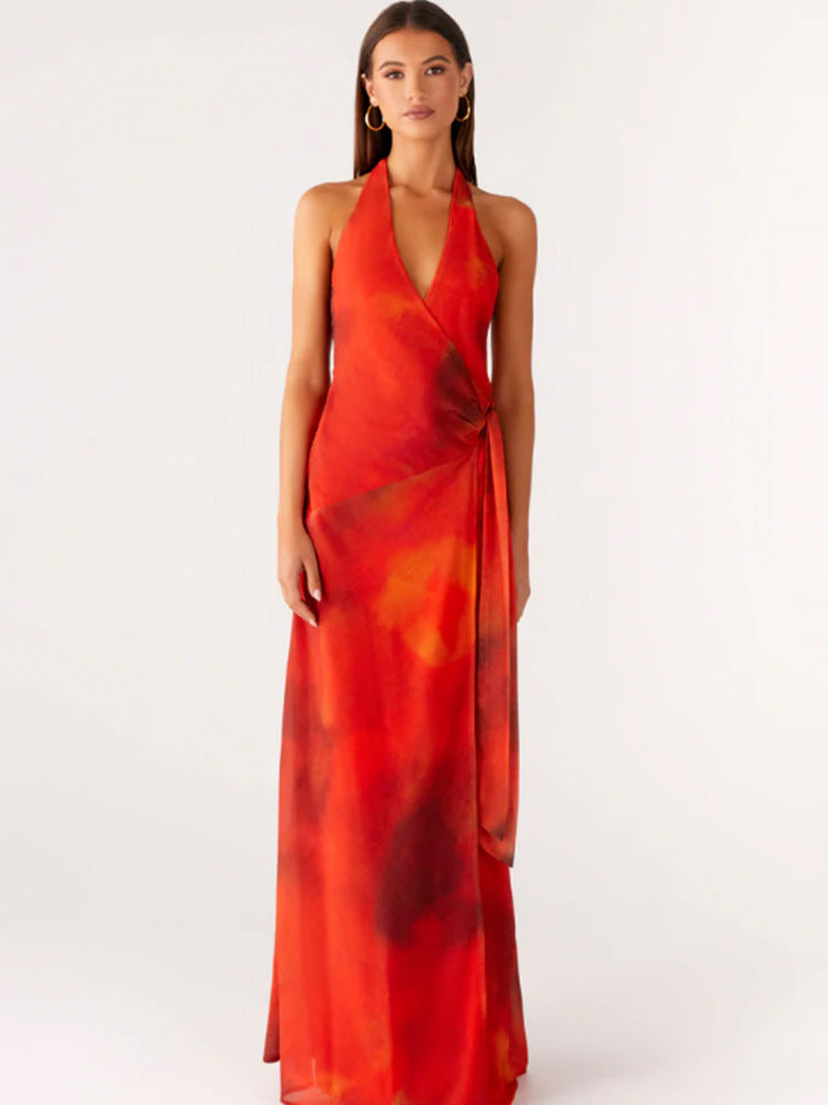 Damen Wickelmaxikleid mit tiefem V-Ausschnitt und fließendem Saum EB