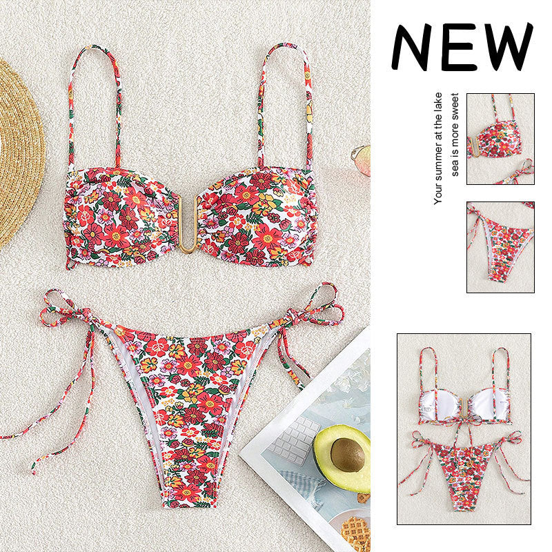 Damen Floral Bikini mit raffinierten Bindebändern EB