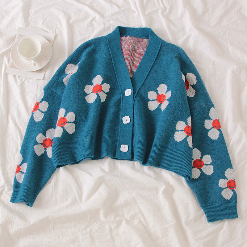 Damen Kurzstrickjacke mit floralem Design und großen Knöpfen EB