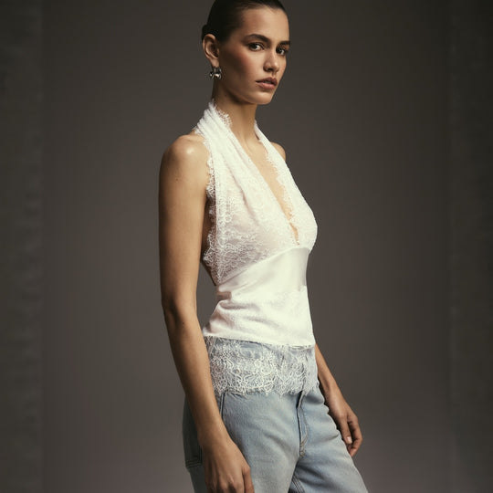 Damen Elegantes Oberteil mit Spitzendetails und tiefem V-Ausschnitt EB