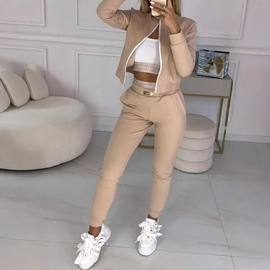 Damen Sportlicher Jumper-Set mit Reißverschluss und elastischem Bund EB