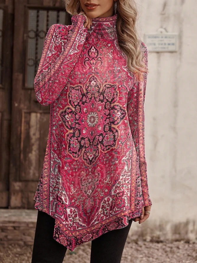Damen Tunika mit floralem Design und hohem Kragen EB