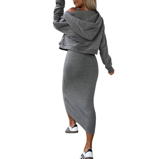 Damen lässiges Set aus cropped Pullover und figurbetonendem Midi-Rock EB