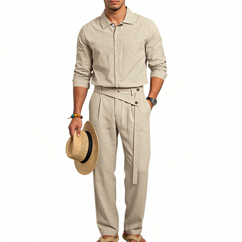 Herren nan eleganter Leinen-Zweiteiler mit Hemd und Hose mit hohem Bund und Bindegürtel EB