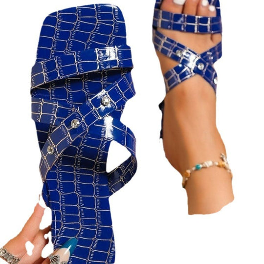 Damen Kreuzband-Pantoletten mit elegantem Krokodilprägung und Glitzerdetails EB
