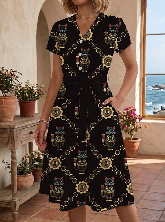 Damen Sommerliches Kleid mit taillierbarem Bindegürtel und floralem Muster EB