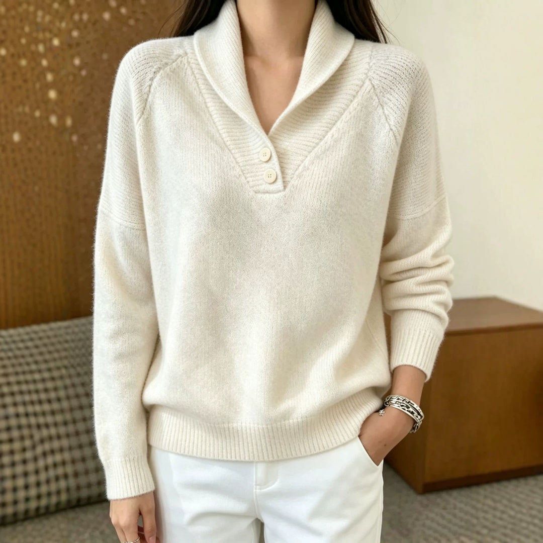 Damen Weicher Schalkragen‑Pullover mit halber Knopfleiste und Raglanärmeln EB