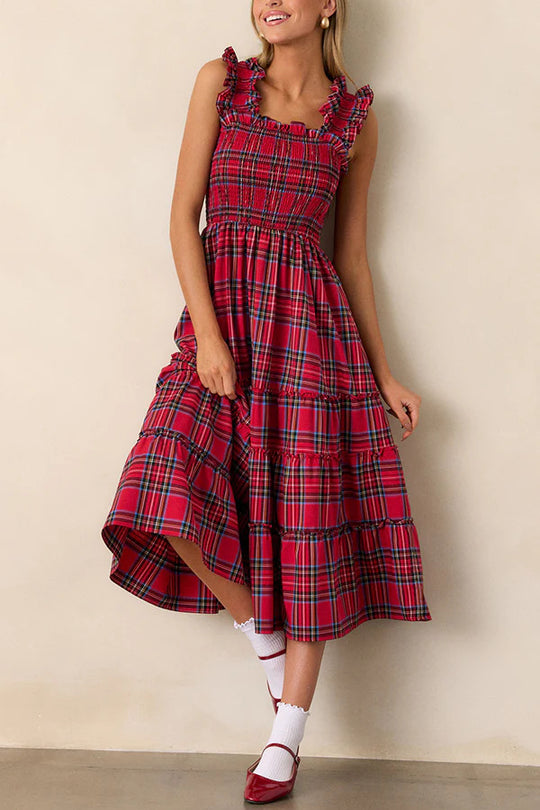 Damen Maxikleid mit voluminösen Rüschendetails und klassischen Karo-Muster EB