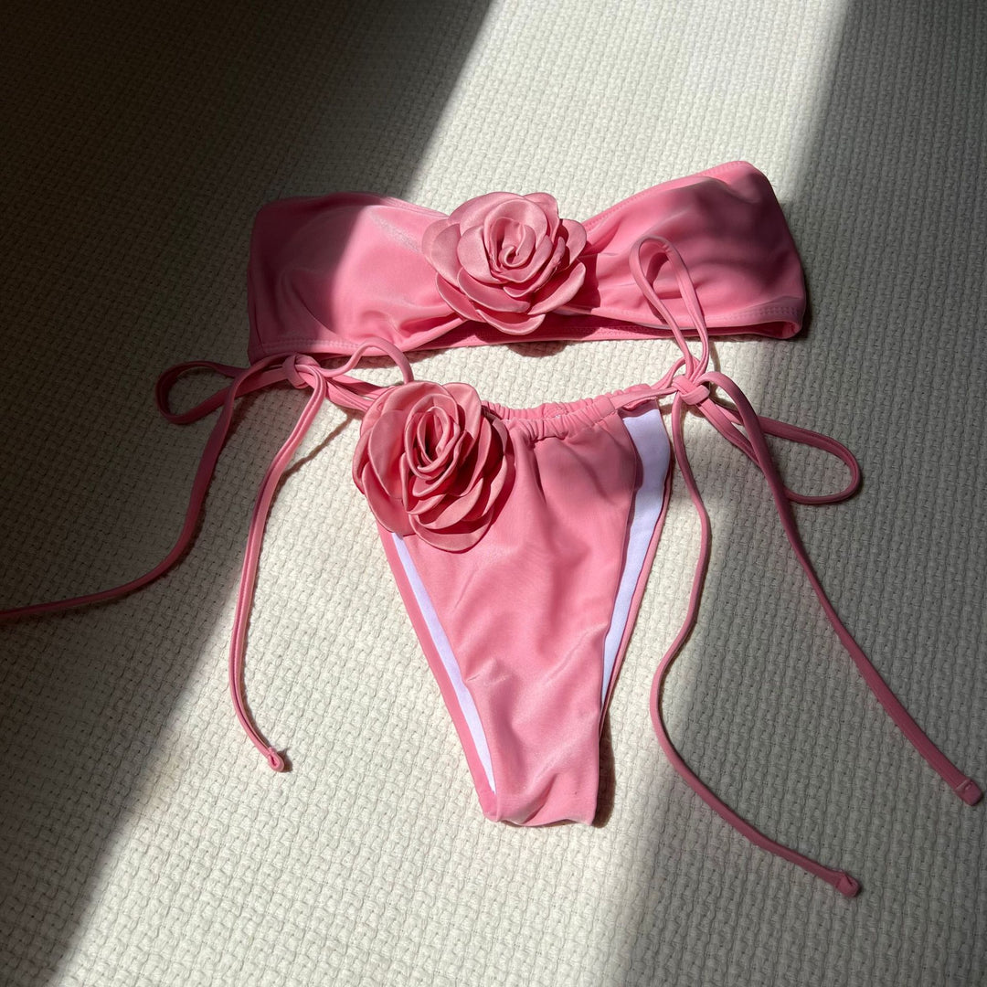Damen Bandeau-Bikini mit dekorativer Blumenapplikation EB