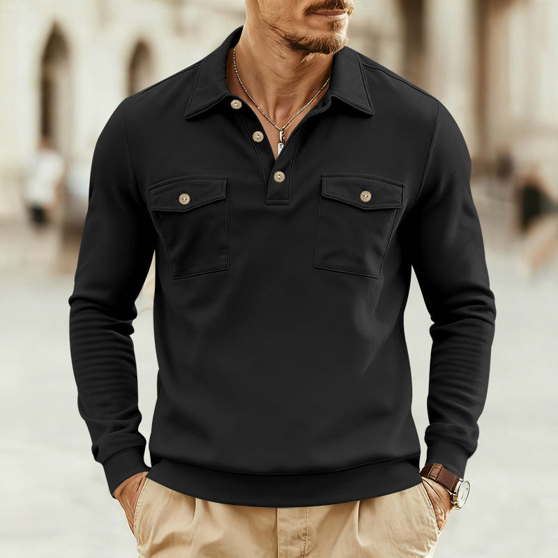Herren nan figurbetontes Langarm-Poloshirt mit Hemdkragen und aufgesetzten Brustklappen EB