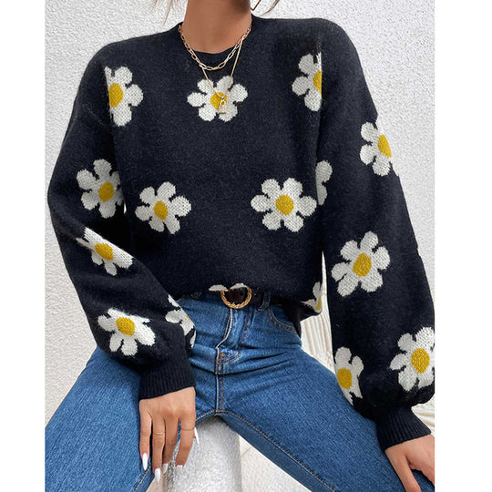 Damen Pullover mit floralem Muster und voluminösen Ärmeln EB