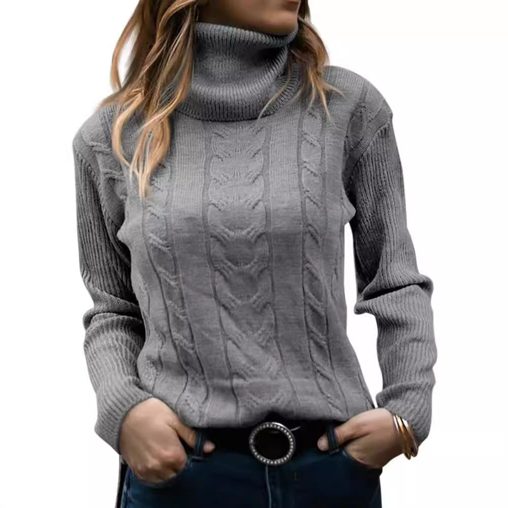 Damen Strickpullover mit Stehkragen und Zopfmuster EB