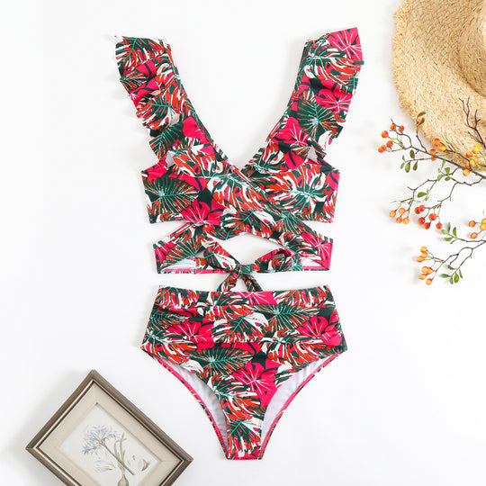 Damen Cropped Bikini-Set mit verspieltem Rüschendesign und elegantem Bindeträgersystem EB