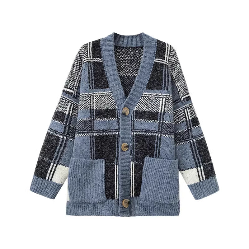 Damen Modischer Oversized Cardigan mit Karomuster EB