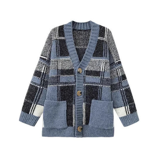 Damen Modischer Oversized Cardigan mit Karomuster EB