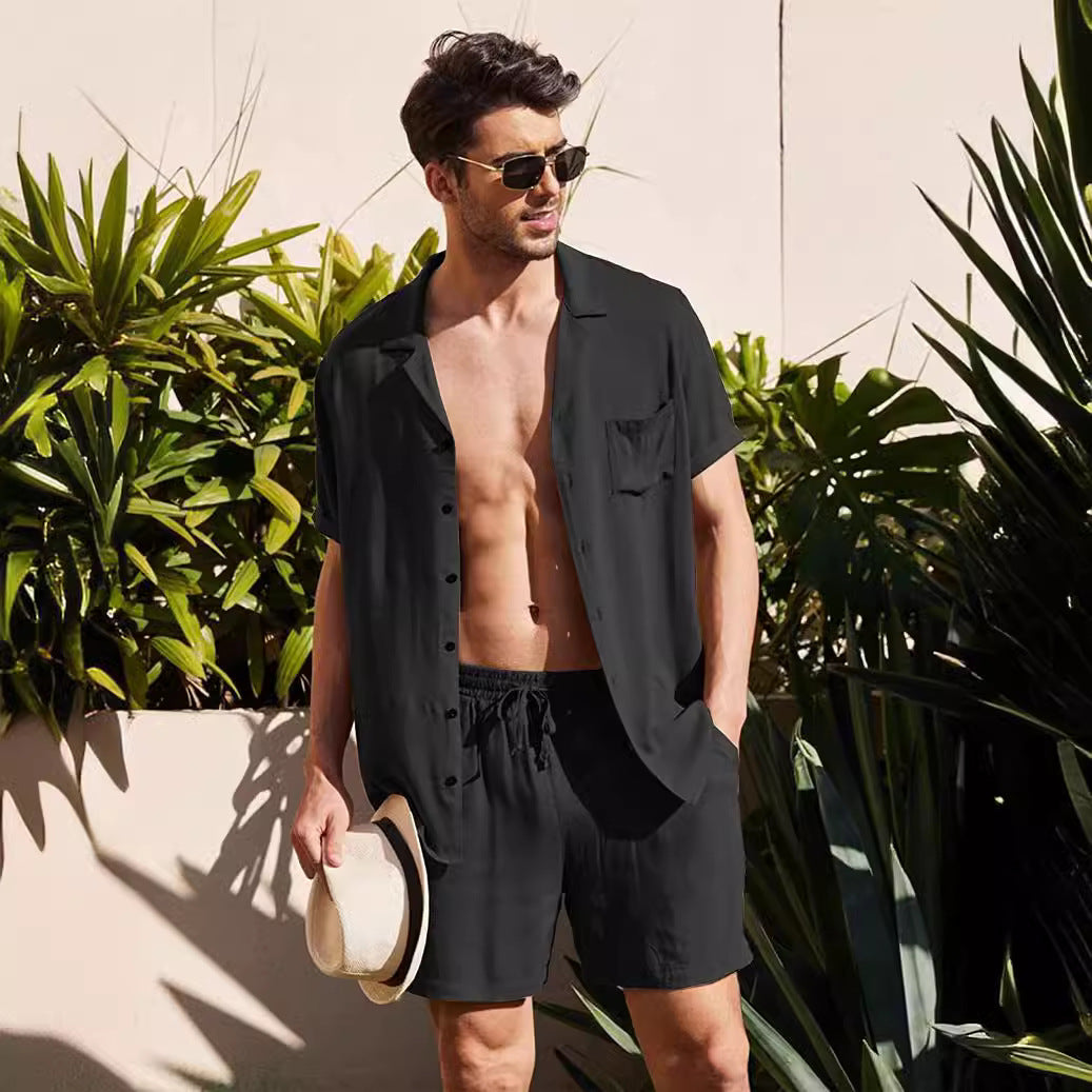 Herren nan zweiteiliges Sommer-Freizeitensemble mit offenem Revershemd und elastischer Kurzhose EB