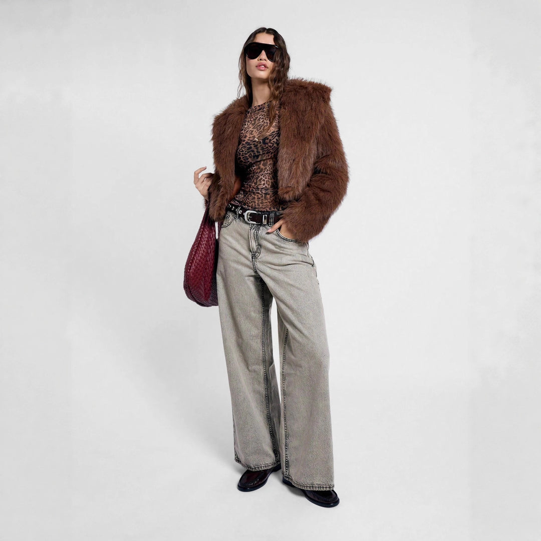Damen nan figurnahes Netz-Longsleeve mit Leopardenmuster und seitlicher Raffung EB