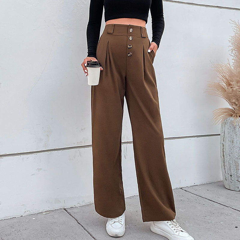 Damen weite Stoffhose mit dekorativen Knopfdetails und Faltenwurf EB