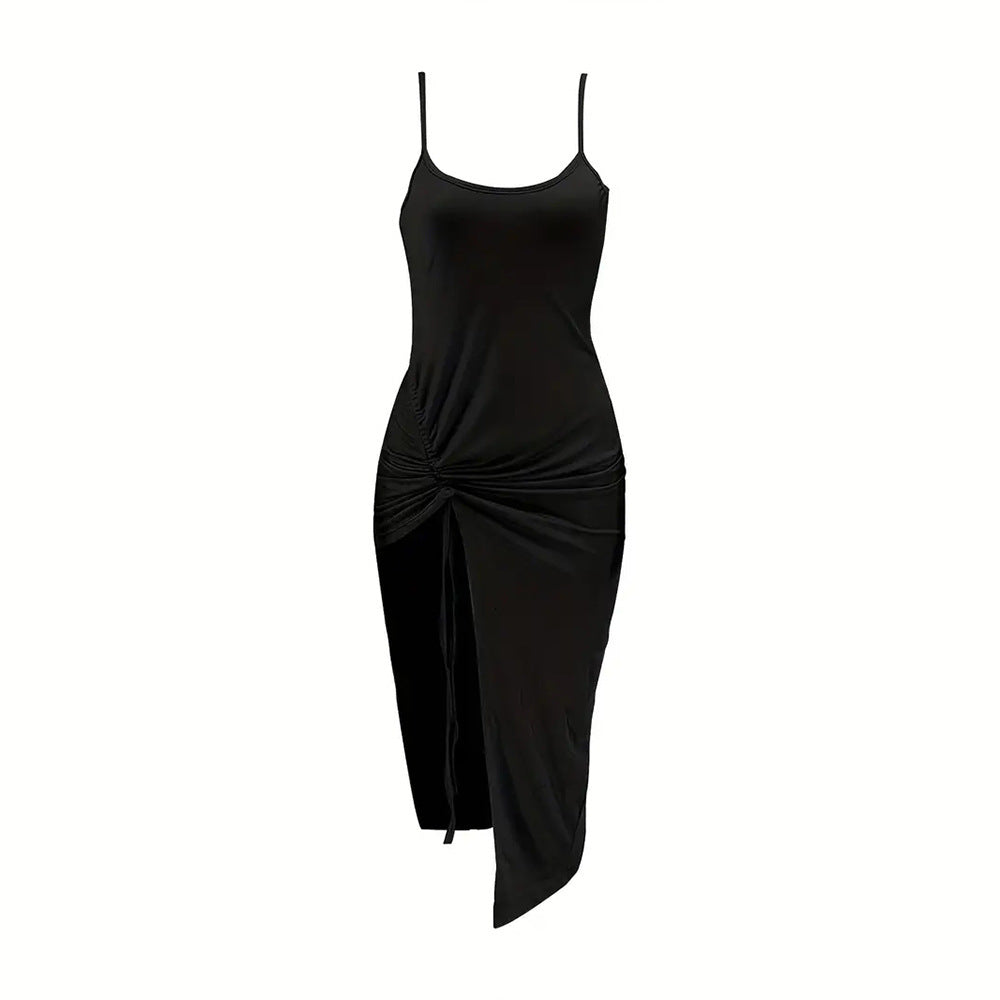 Damen figurbetontes Maxikleid mit seitlichen Rüschendetails und tiefem Schlitz EB
