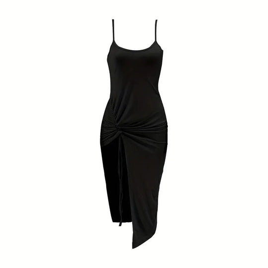 Damen figurbetontes Maxikleid mit seitlichen Rüschendetails und tiefem Schlitz EB