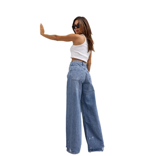 Damen Weite Jeans im Vintage-Stil mit hohen Taschen und trendigen Used-Effekten EB