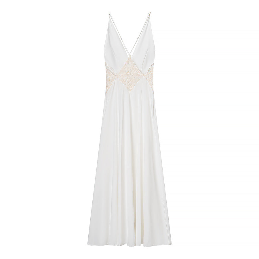 Damen Langarm Maxi-Kleid mit raffiniertem V-Ausschnitt und kunstvollem Spitzenbesatz EB