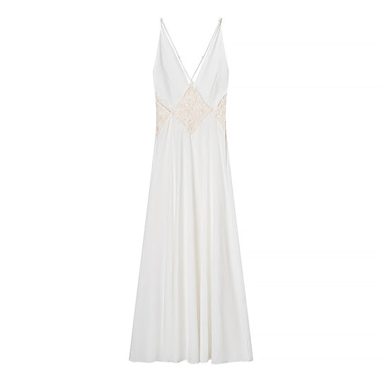 Damen Langarm Maxi-Kleid mit raffiniertem V-Ausschnitt und kunstvollem Spitzenbesatz EB