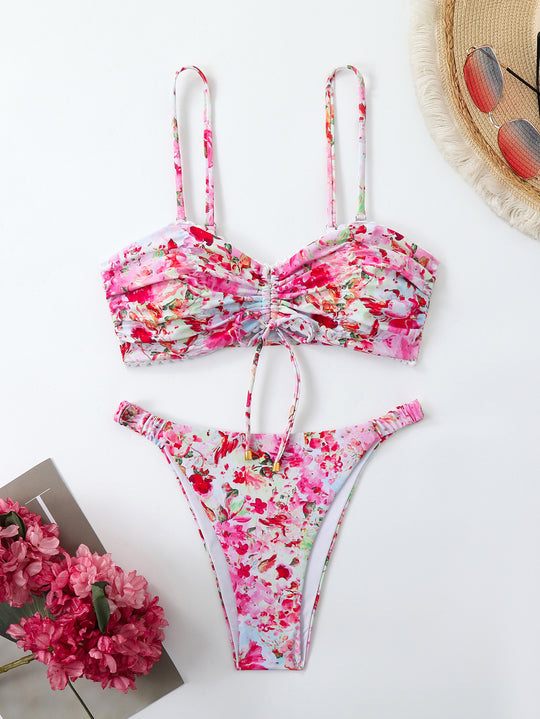 Damen-Bikini-Set mit Raffung und romantischem Blumendesign EB