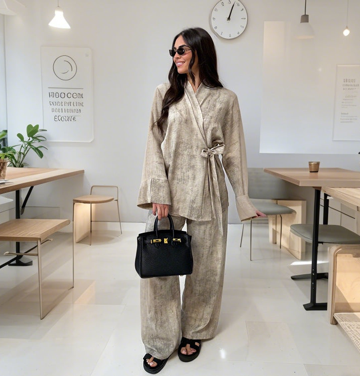Damen lässiger Kimono-Hosenanzug mit Bindegürtel EB