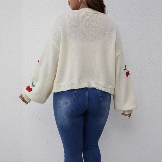 Damen Kurzgeschnittener Oversize-Cardigan mit Kirsch-Stickerei EB