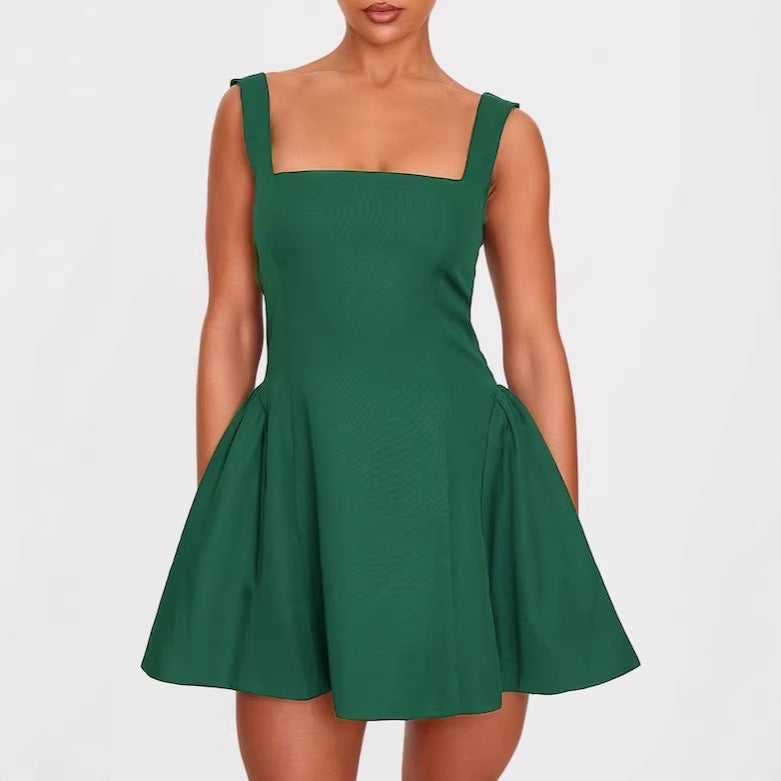 Damen A-Linien Kleid mit quadratischem Ausschnitt und angeschnittenen Taschen EB