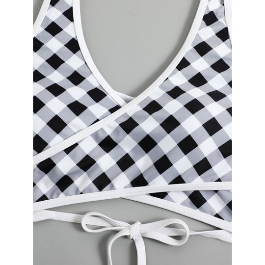 Damen Triangel-Bikini mit modernem Wickel-Design und verspieltem Karomuster EB