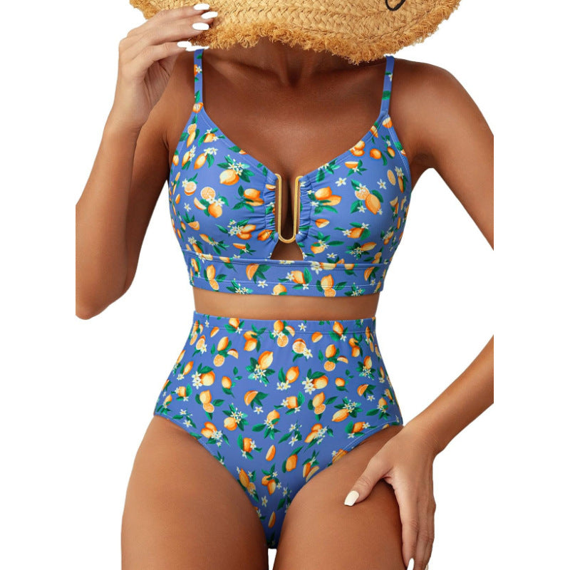 Damen Hoch geschnittener Bikini mit floralem Muster und Leo-Print EB