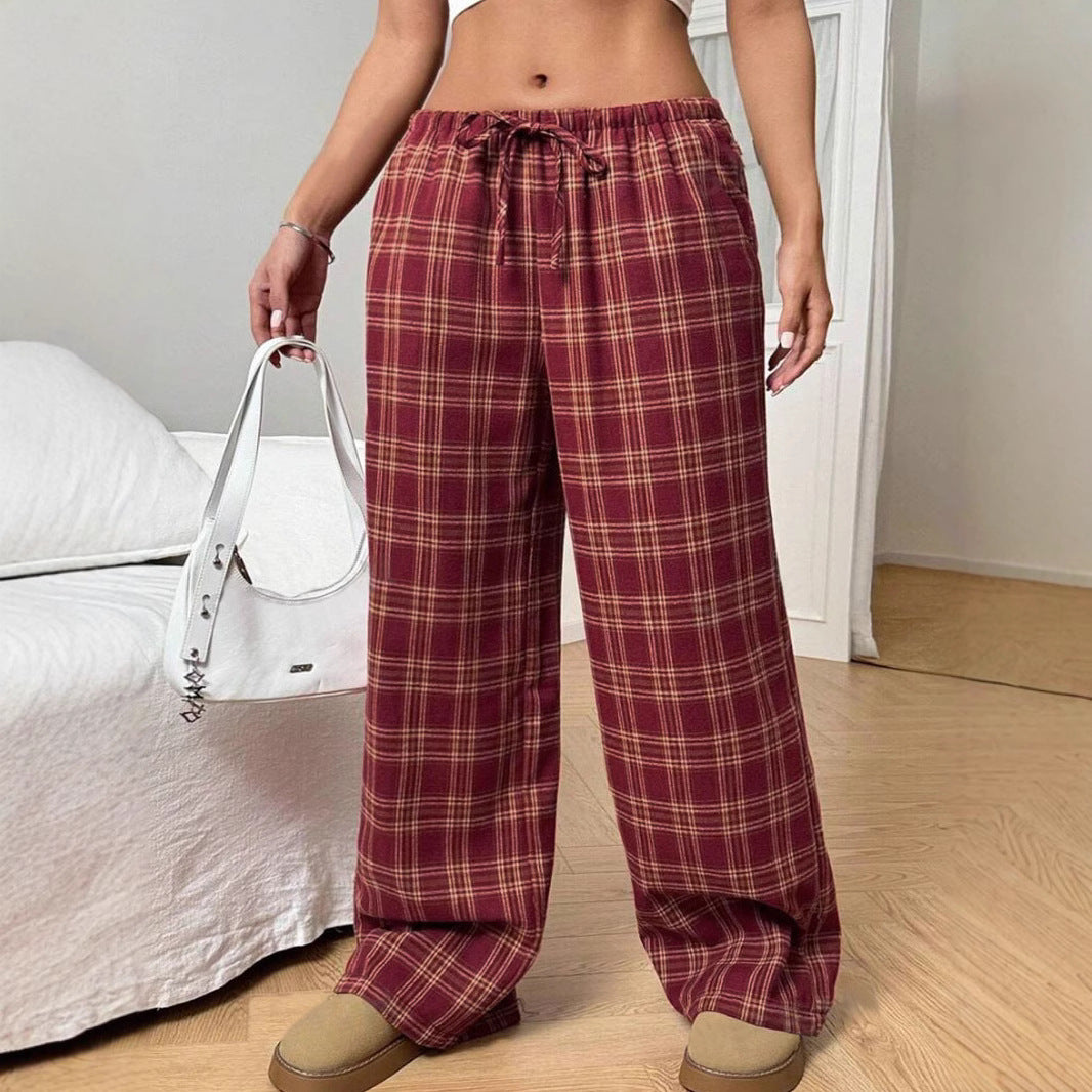 Damen Weite Karohose mit elastischem Bund und seitlichen Taschen EB
