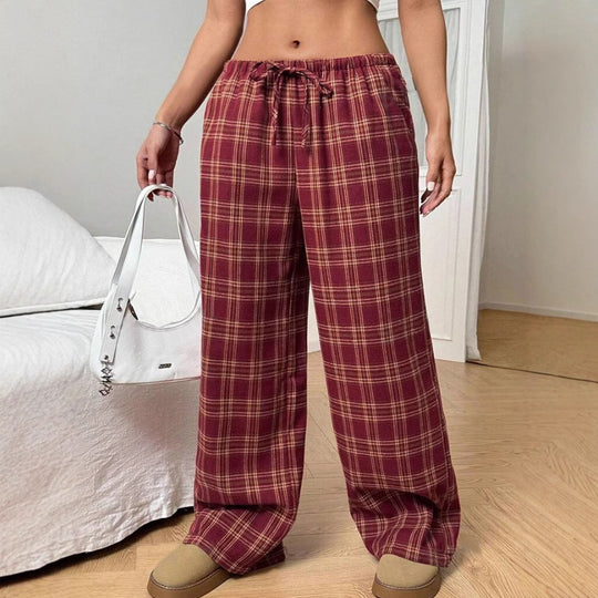 Damen Weite Karohose mit elastischem Bund und seitlichen Taschen EB