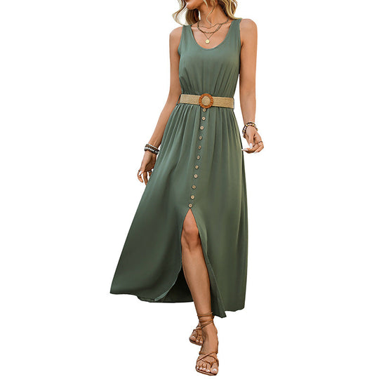 Damen Maxikleid mit Knopfleiste und Elegantem Schlitz EB